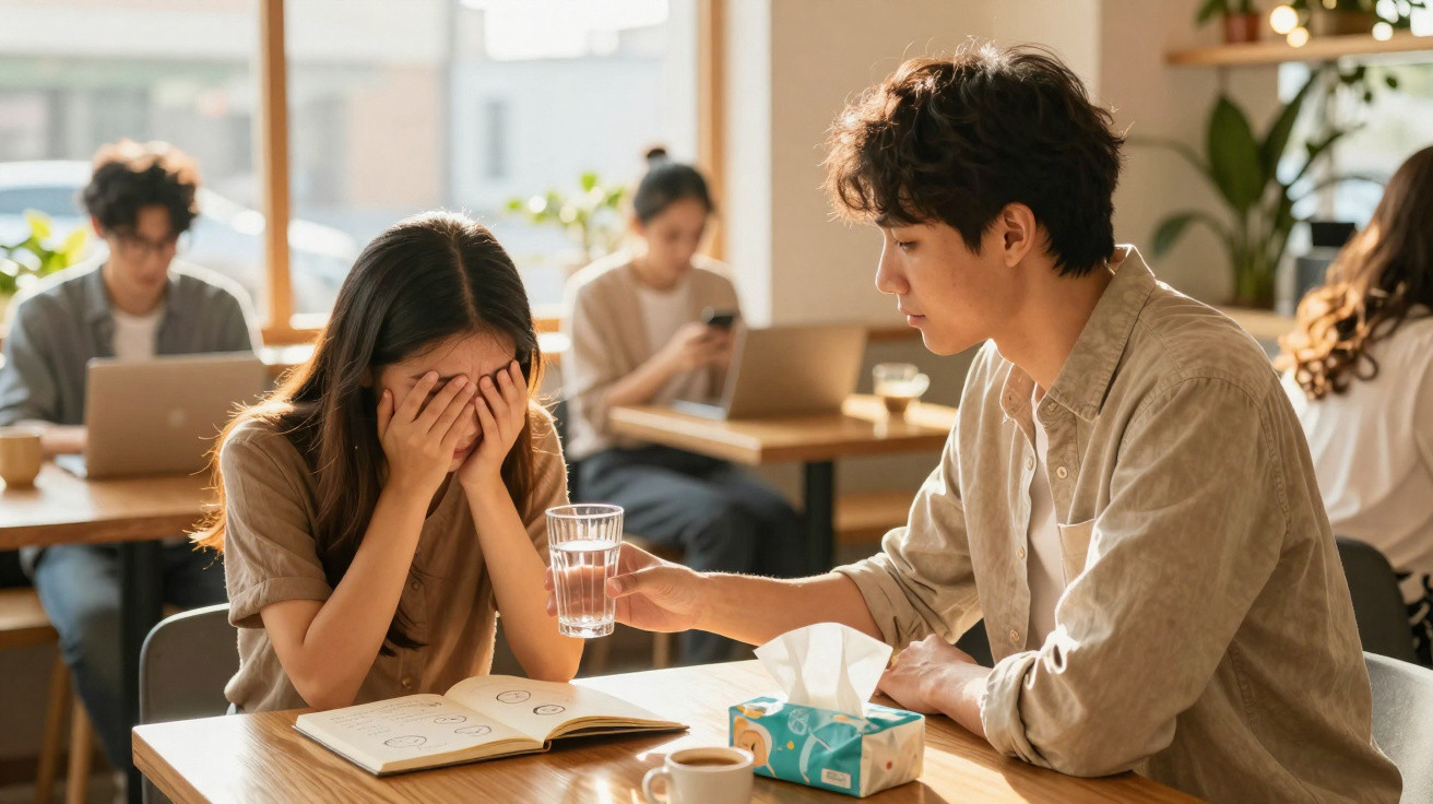 A man offers a glass of water to a distressed woman covering her face in a bright café setting.