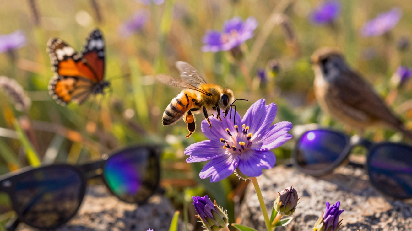 Bee collecting nectar from a purple flower with a butterfly, bird, and sunglasses blurred in the background.