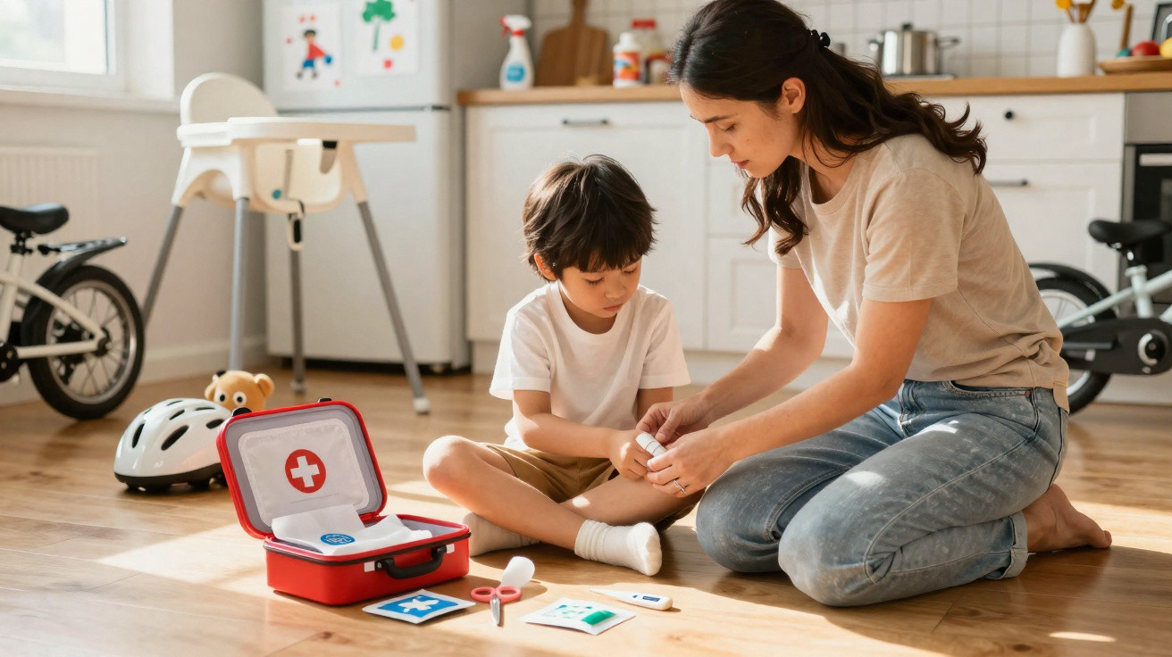 Mother tending to son's scraped knee on the floor with a first aid kit and medical supplies nearby in a bright kitchen.