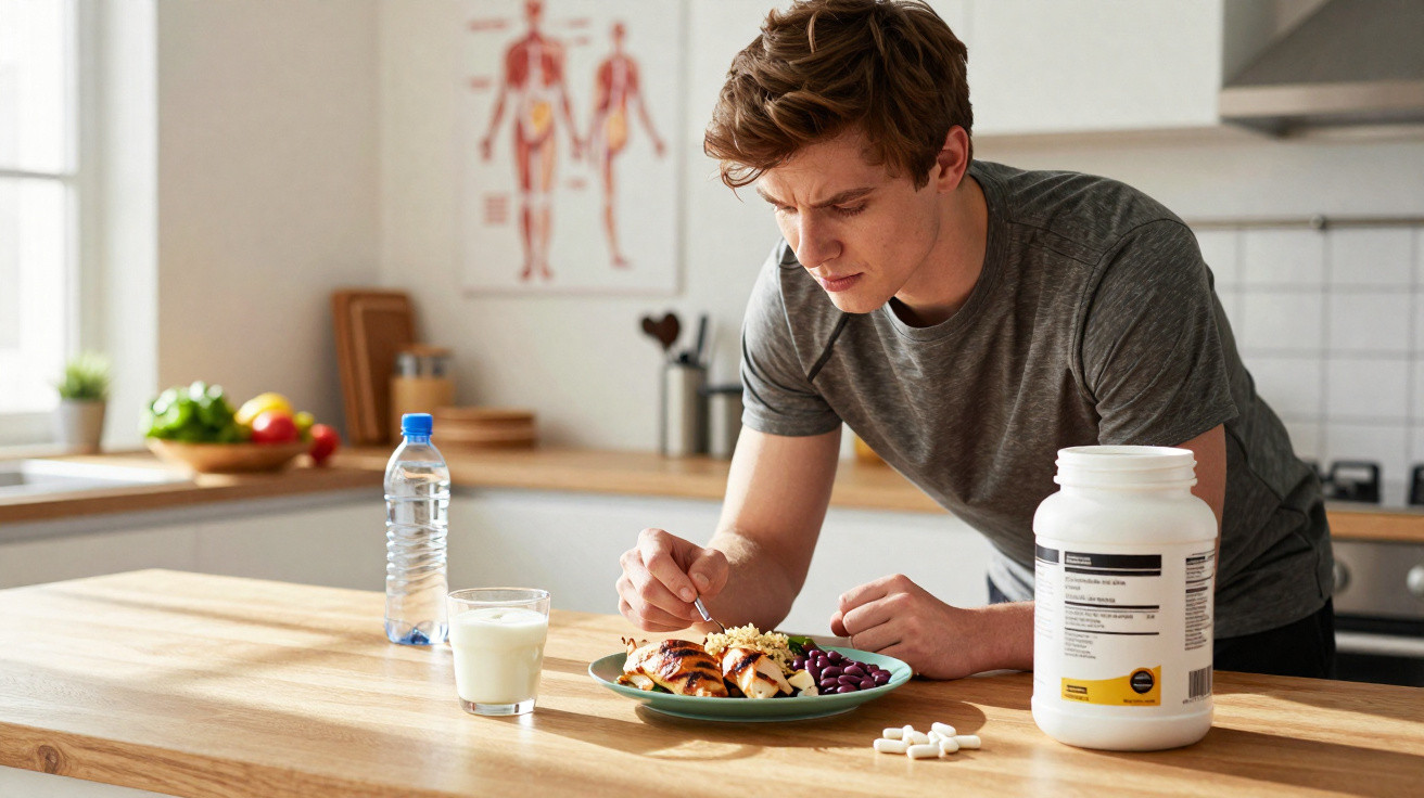 Young man in grey t-shirt taking pills with a meal at a kitchen counter with milk and water bottle nearby.