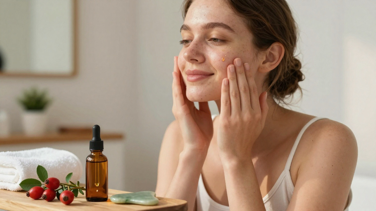 Woman applying facial serum with skincare products and rose hips on wooden table indoors