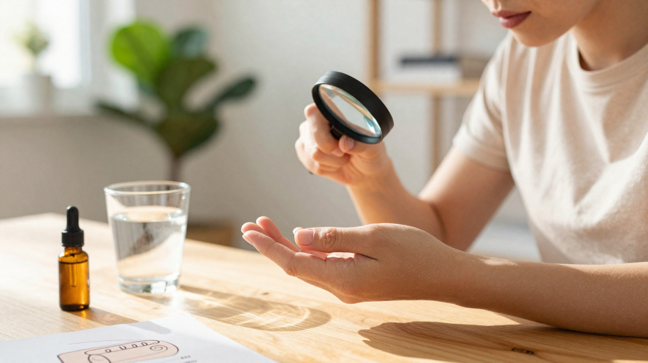Person examining skin on hand with a magnifying glass at a wooden table indoors.