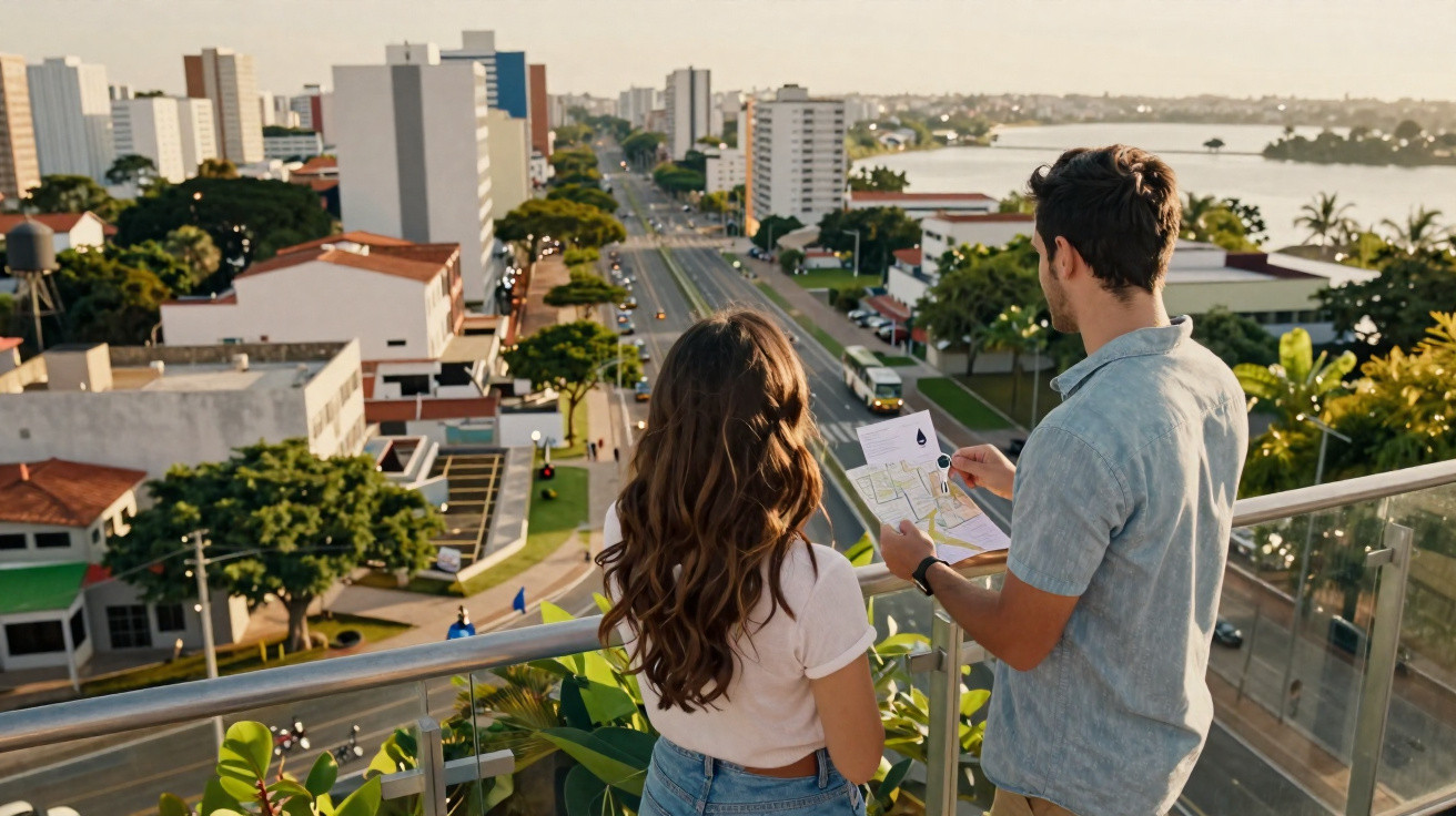 Two people on balcony overlooking city street, one holding a map, with buildings and water in distance.