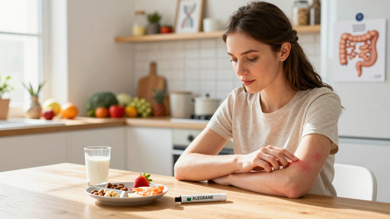Woman with red skin rash on arm sitting at kitchen table with food and medicine tube.