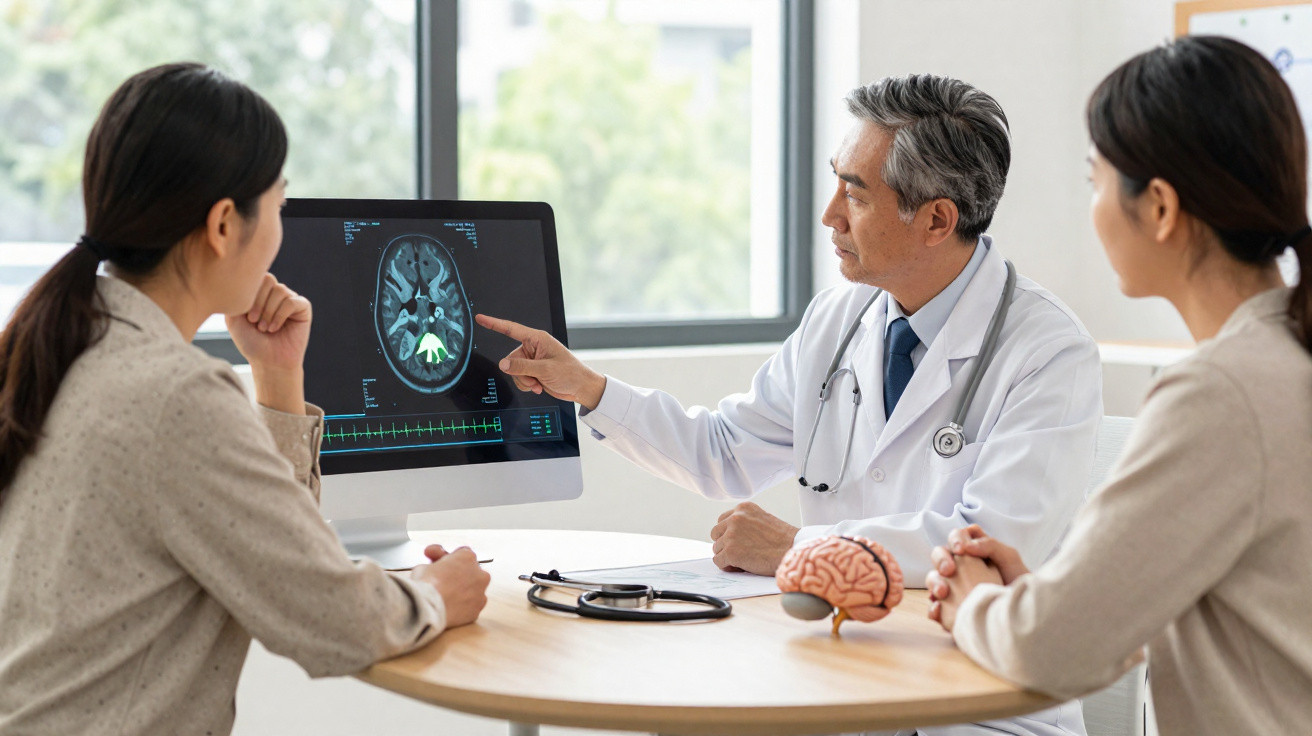Doctor explaining brain scan results to two female patients in a medical consultation room.