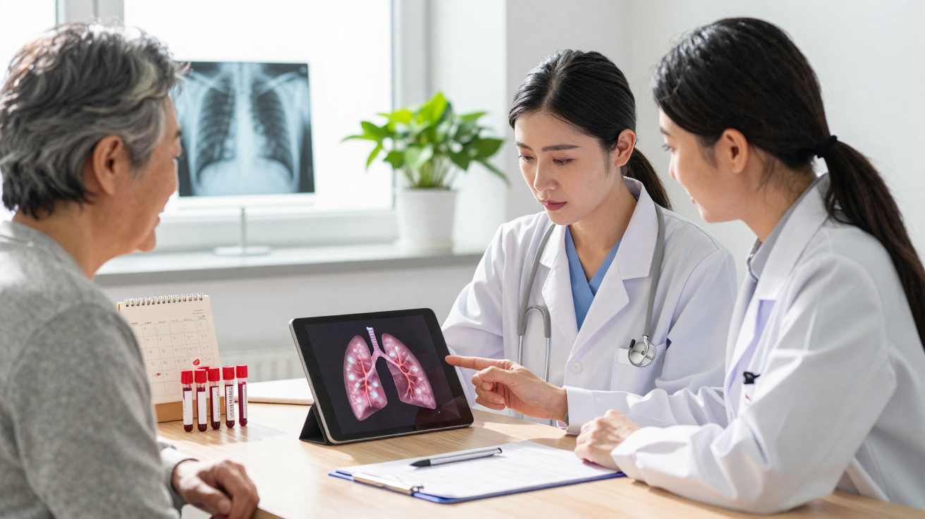 Two female doctors showing a lung scan on a tablet to an elderly patient in a medical office.