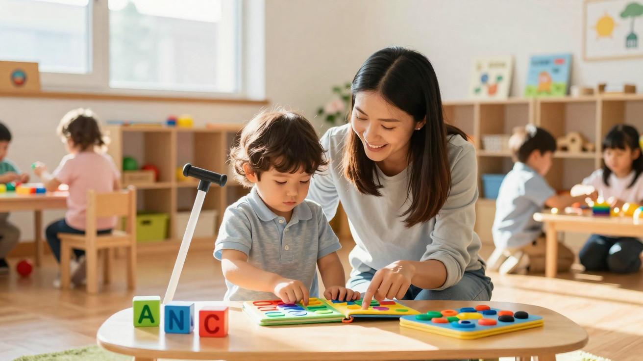 Young boy and female teacher playing educational games at a table in a bright classroom.