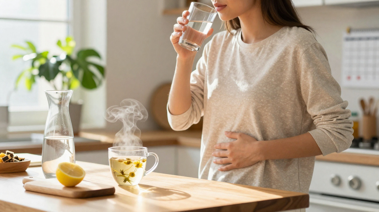 Woman holding stomach and drinking a glass of water near steaming herbal tea and lemon on a kitchen counter.