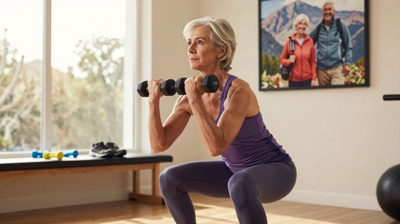 Older woman in purple workout clothes doing squats with dumbbells in a home gym.