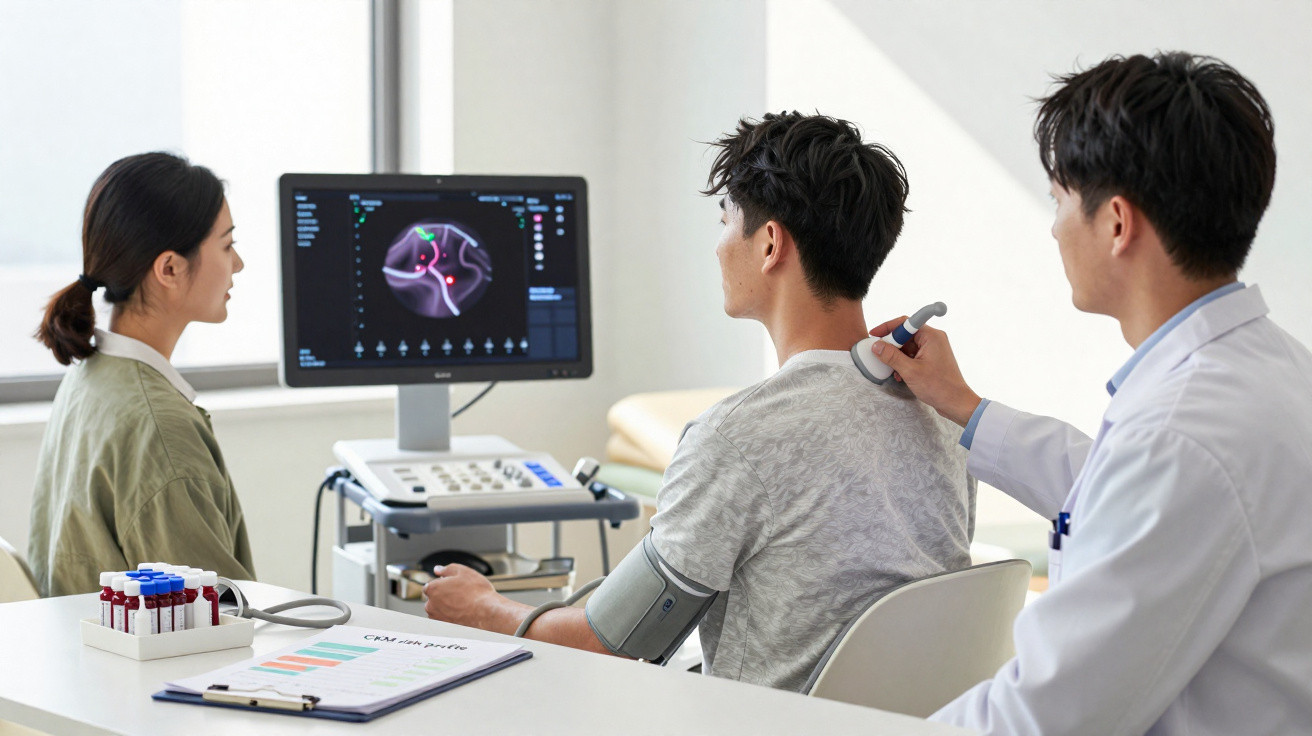 Doctor performing ultrasound on patient's shoulder while nurse observes brain scan on monitor in clinic room.