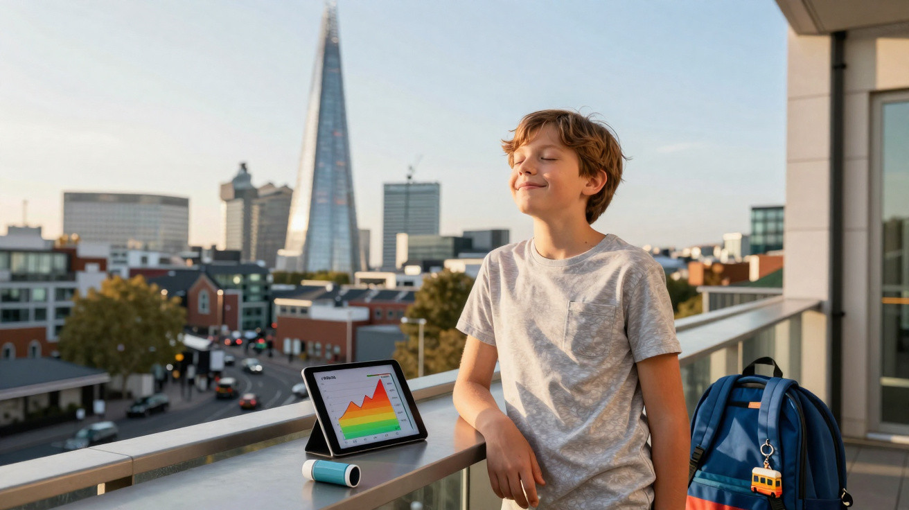 Boy enjoying sunlight on a balcony with a tablet displaying a graph and the London city skyline in the background