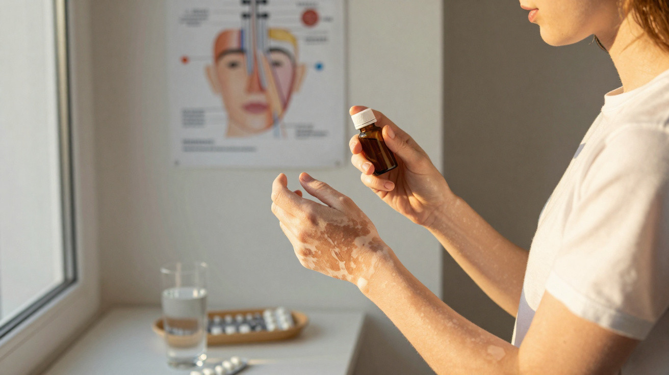 Person with vitiligo holding a medicine bottle with pills and water on a windowsill beside them.