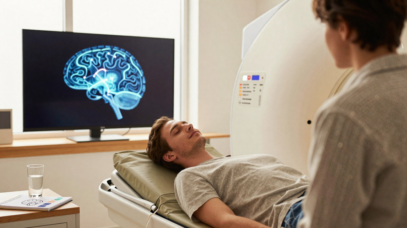Man lying in MRI scanner room with brain scan image displayed on a monitor in the background.