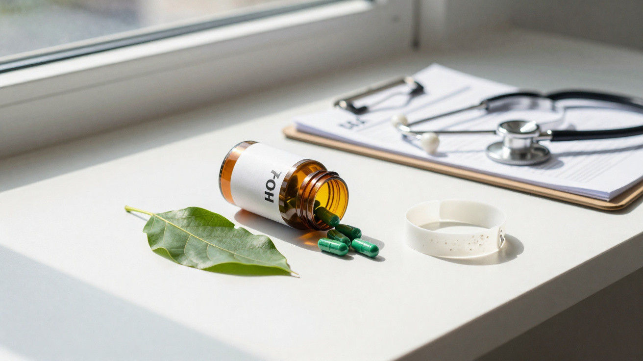 Green capsules spilling from a pill bottle, a leaf, medical wristband, and stethoscope on a white surface by a window.