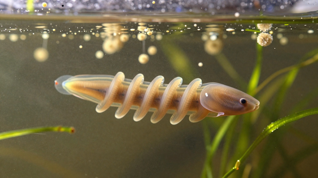 Close-up of a transparent aquatic amphibian larva with visible internal structures, swimming in greenish water with plants.