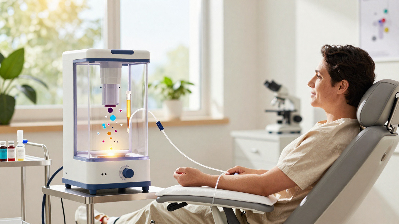 Person donating blood connected to a futuristic blood analysis machine in a bright medical room.
