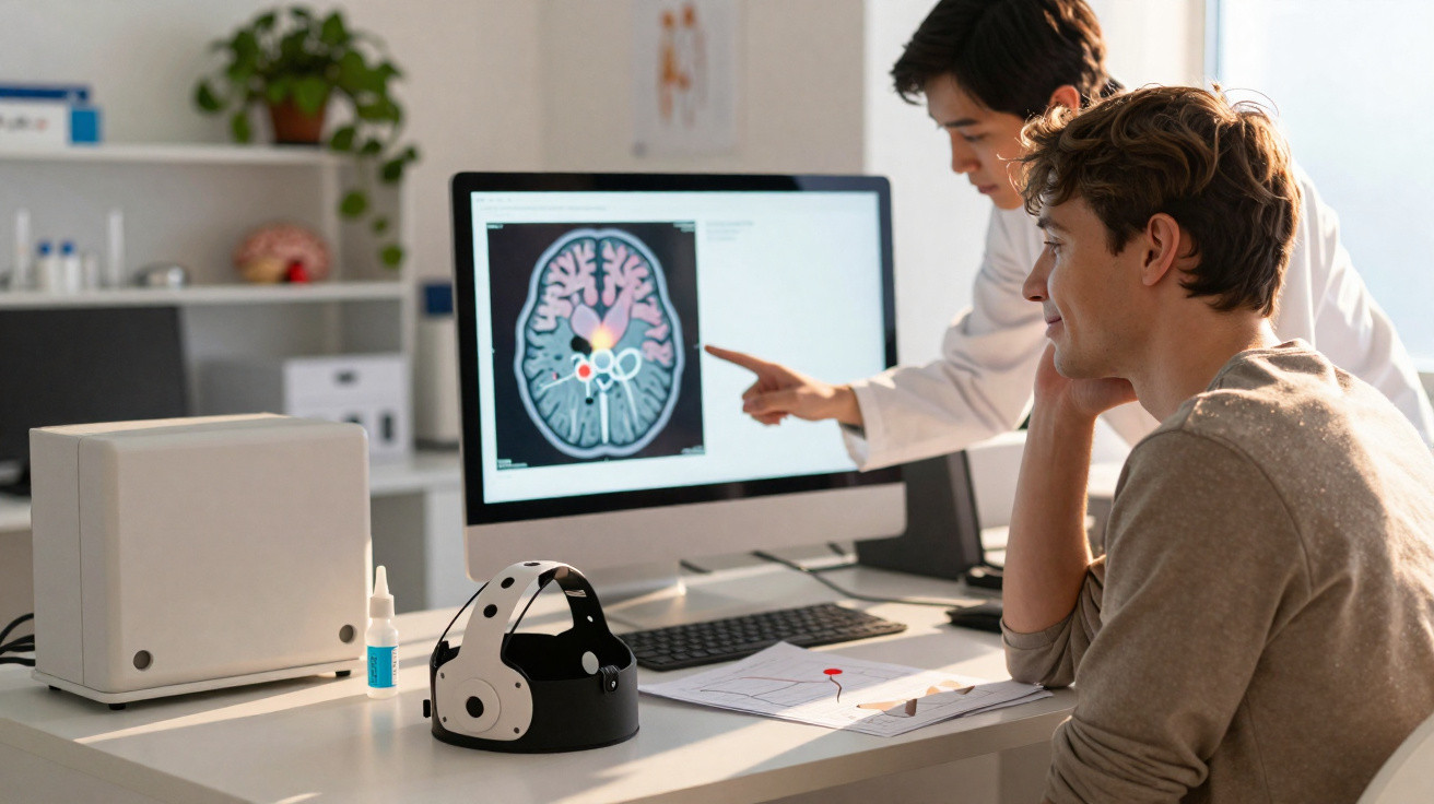 Doctor explaining brain scan results to patient at a desk with neurological equipment in a medical office.