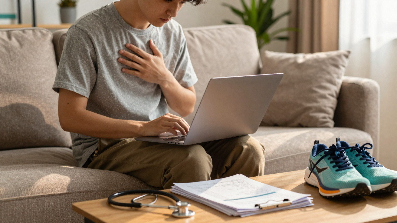 Person sitting on sofa using laptop with hand on chest, papers, stethoscope, and running shoes on table.