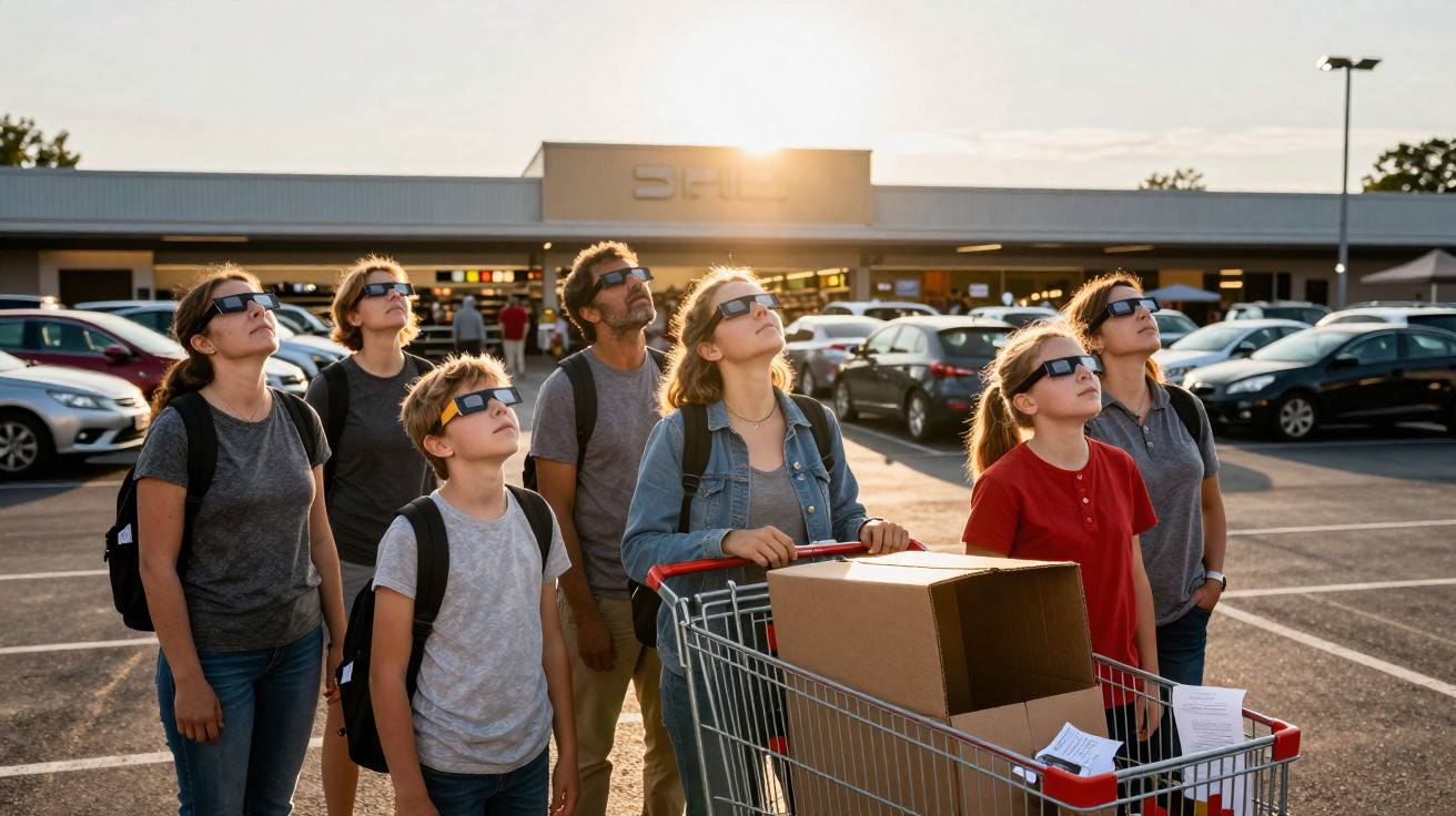 Group of people wearing solar eclipse glasses looking up in a parking lot with a shopping trolley and boxes.