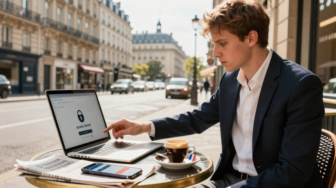 Young man in suit trying to unlock laptop at outdoor café table with coffee and smartphone nearby
