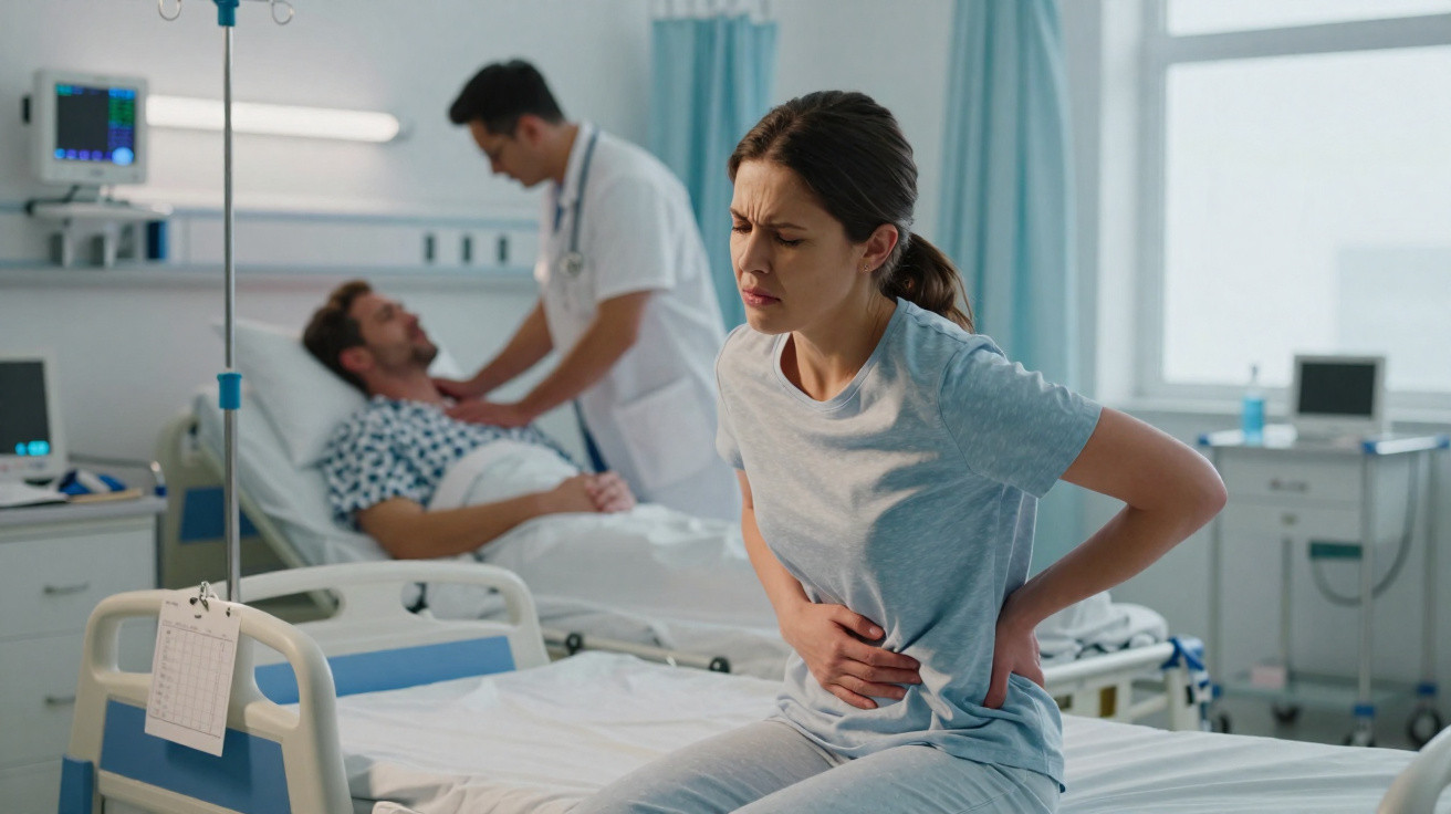 Woman in hospital gown sitting on bed holding stomach and back in pain with doctor attending patient in background