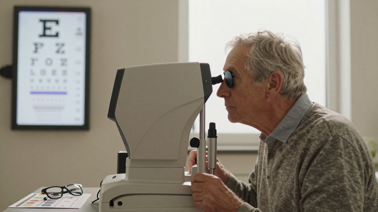 Older man undergoing an eye examination using a machine with an eye chart in the background.