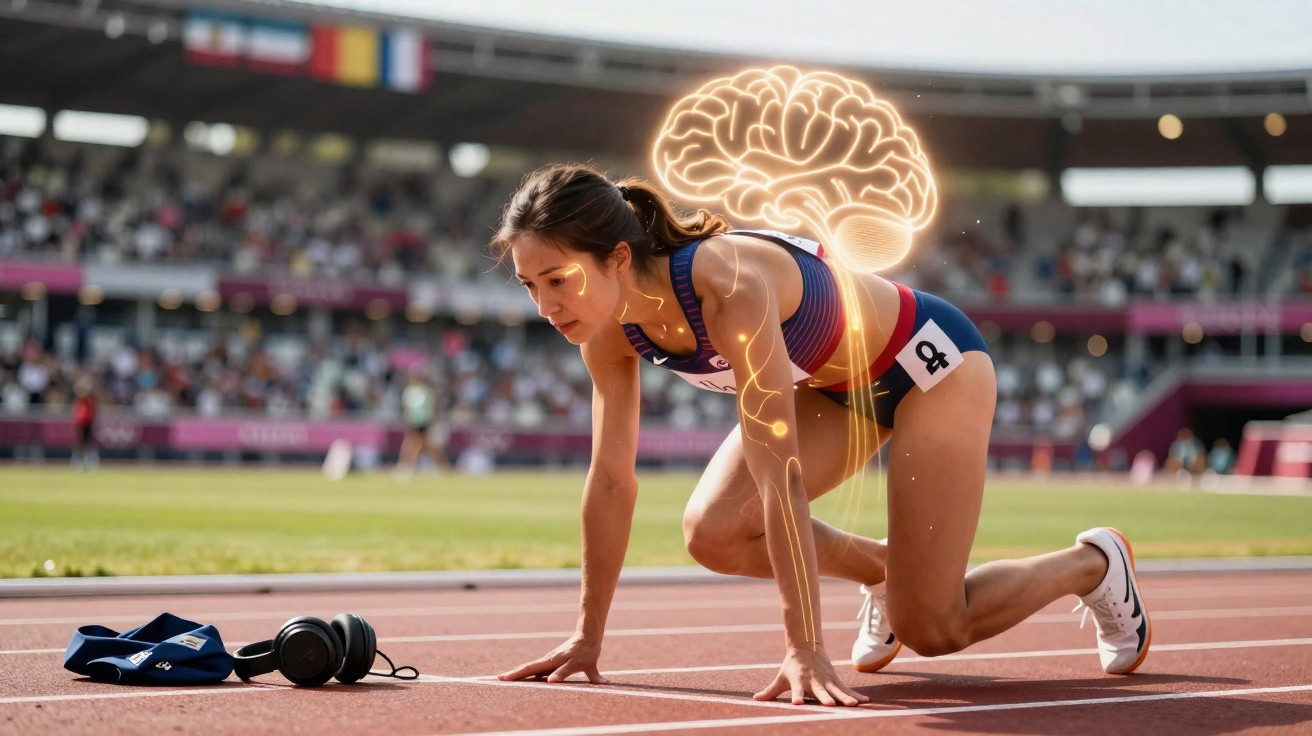 Female athlete in starting position on track with glowing brain and nervous system overlay at stadium.
