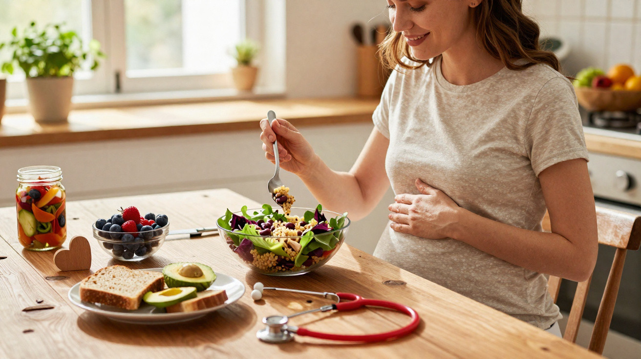 Pregnant woman eating a healthy salad at a kitchen table with a stethoscope and nutritious foods nearby.