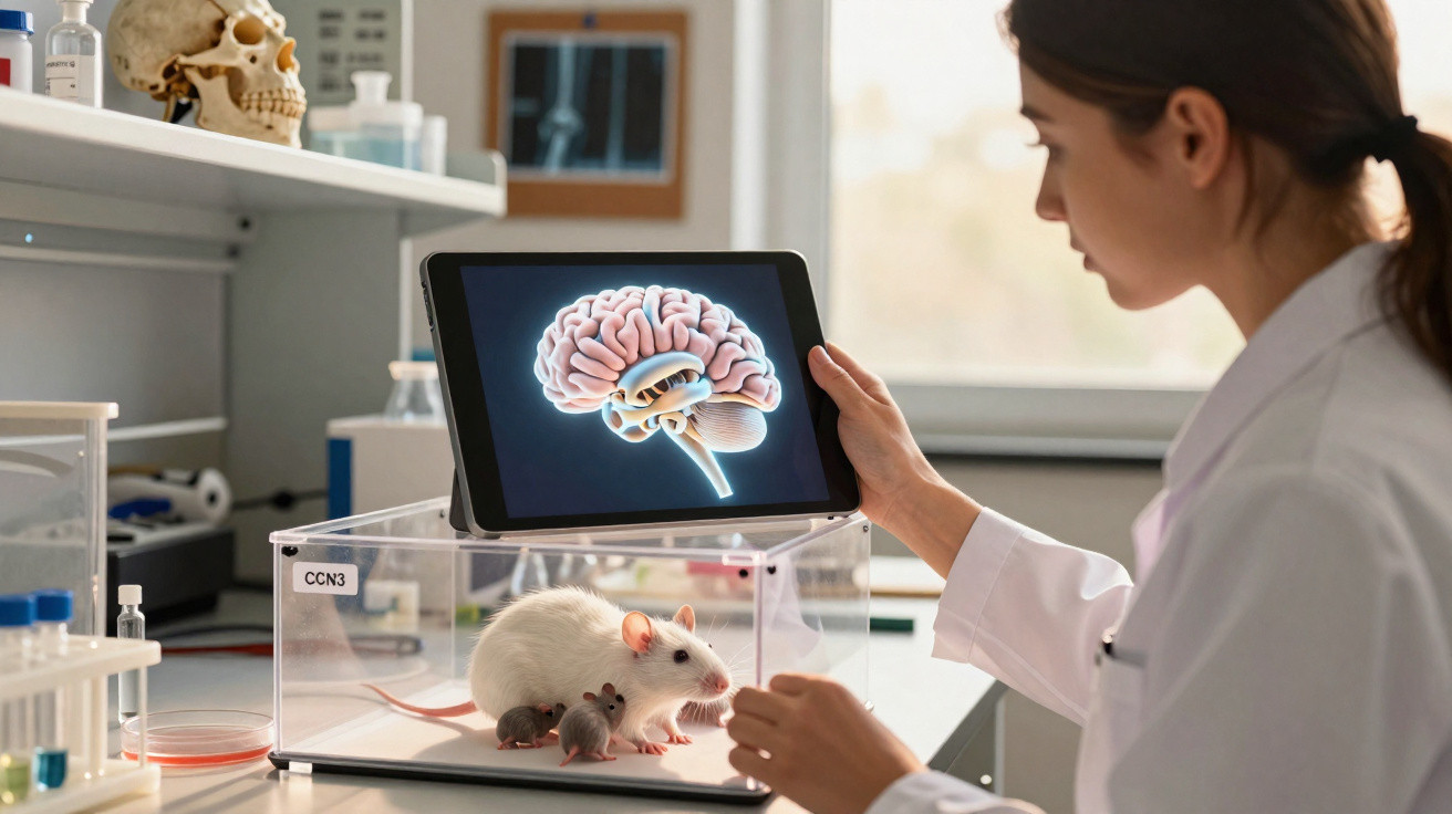 Scientist examining a rat with babies in a cage, with a brain scan displayed on a tablet in a lab.