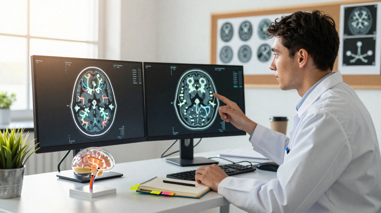 Medical professional analysing brain scans on dual monitors in a well-lit office with brain model nearby.