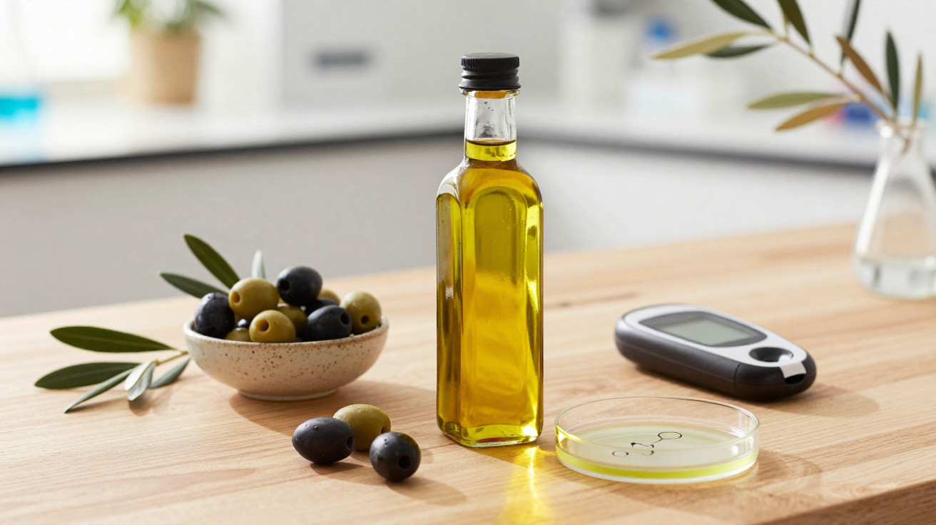 Bottle of olive oil, bowl of black and green olives, petri dish with oil sample, and glucometer on wooden table.