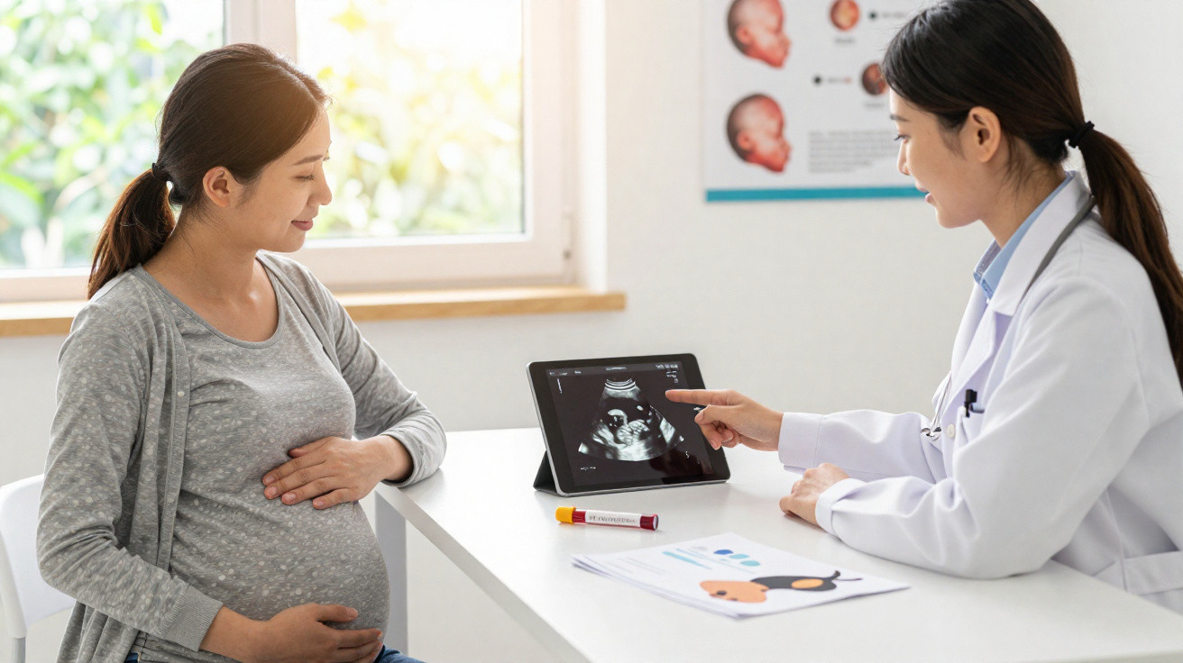 Pregnant woman holding her belly while doctor shows ultrasound image on tablet during consultation.