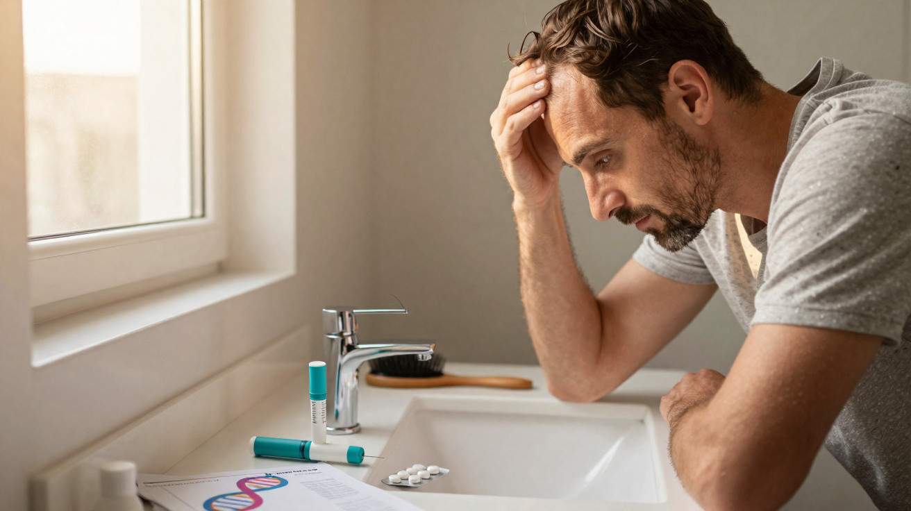Man looking stressed while leaning on bathroom sink with DNA test kit, pills, and documents nearby.
