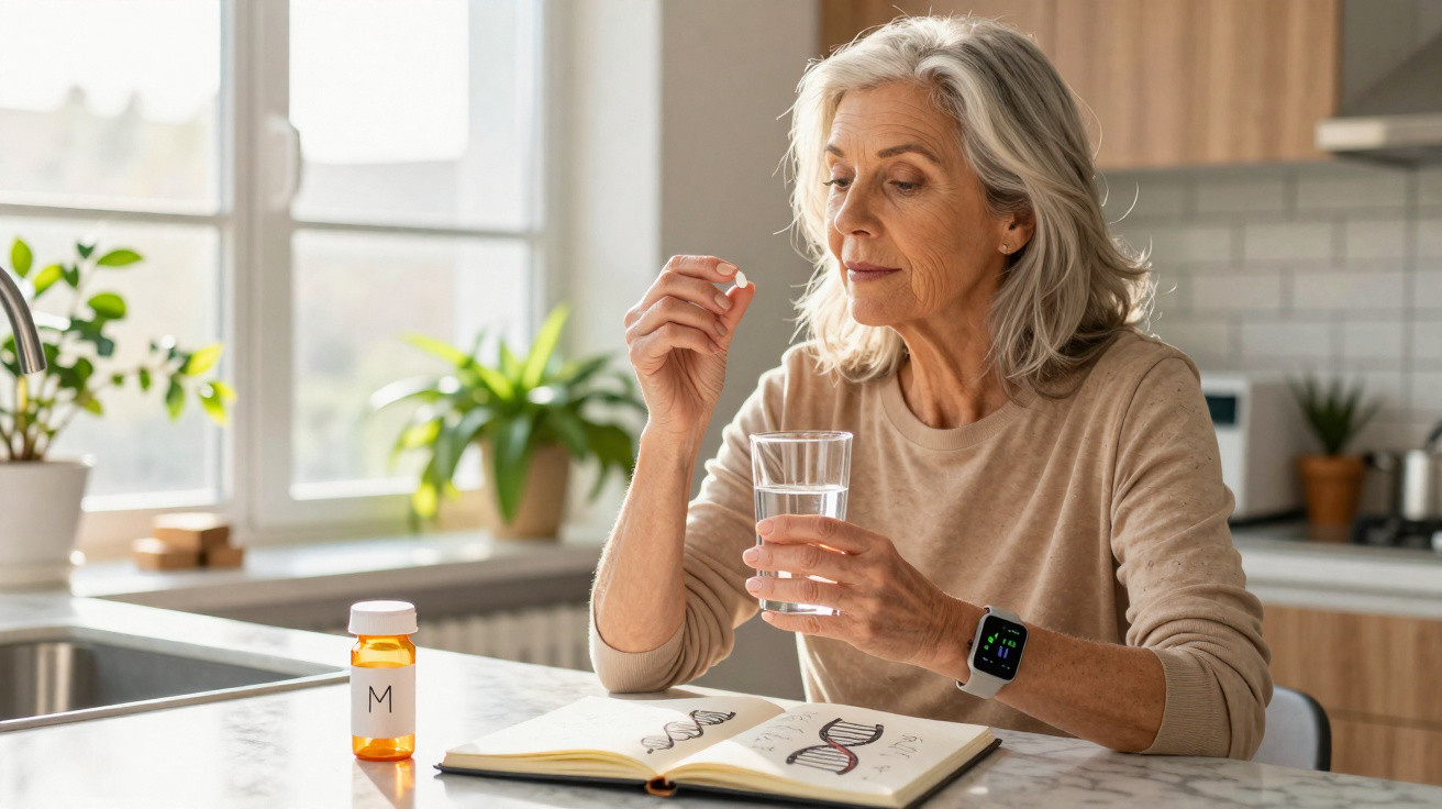Older woman holding a pill and a glass of water in a kitchen, with an open book and medication bottle on the table.