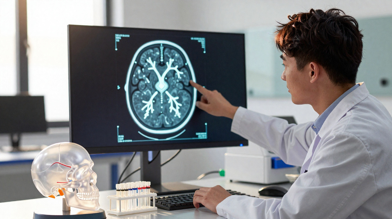 Male doctor in white coat analysing a brain scan on a computer in a medical office.