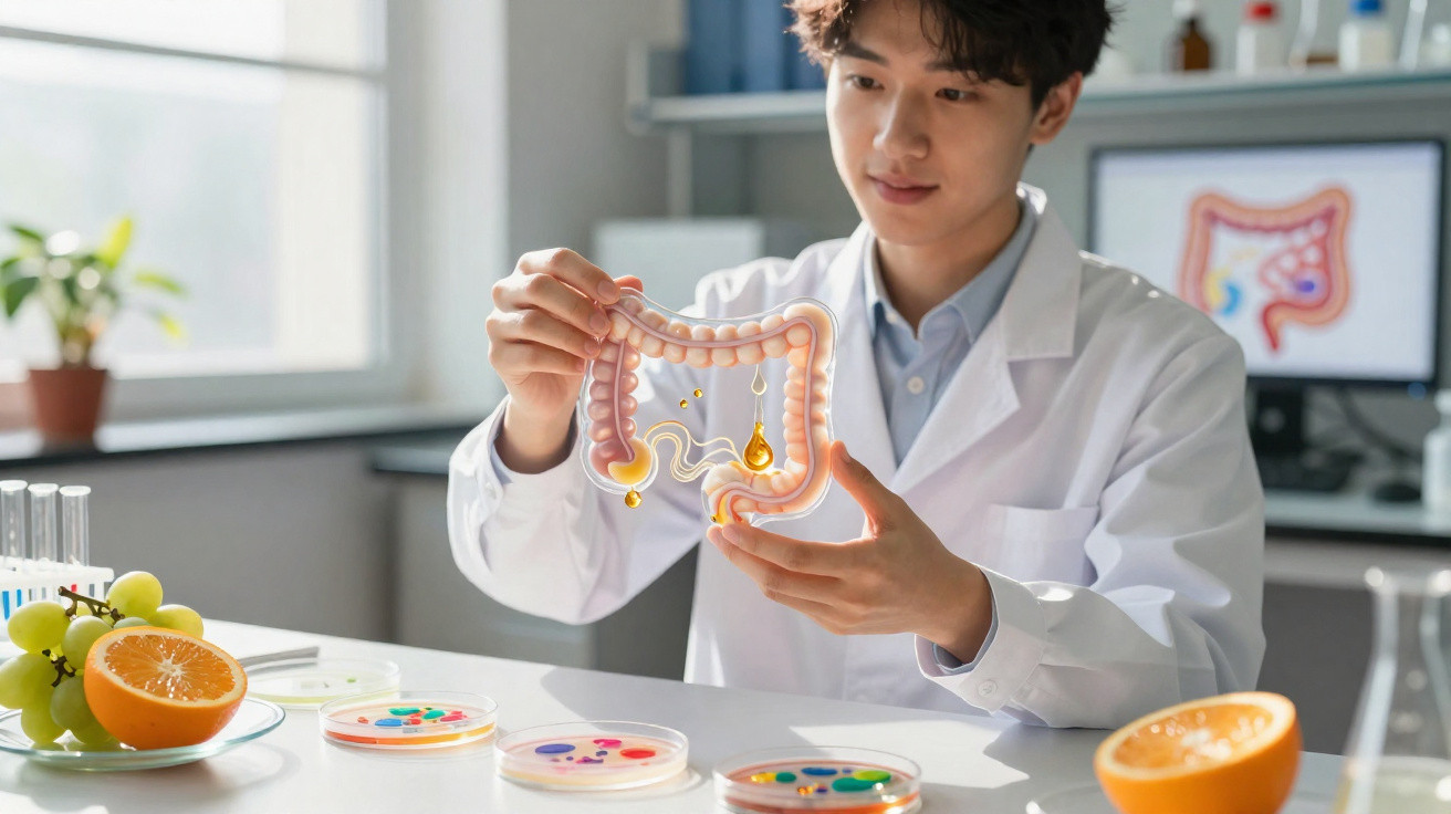 Scientist in lab coat examining a transparent digestive system model with fruits and petri dishes nearby.