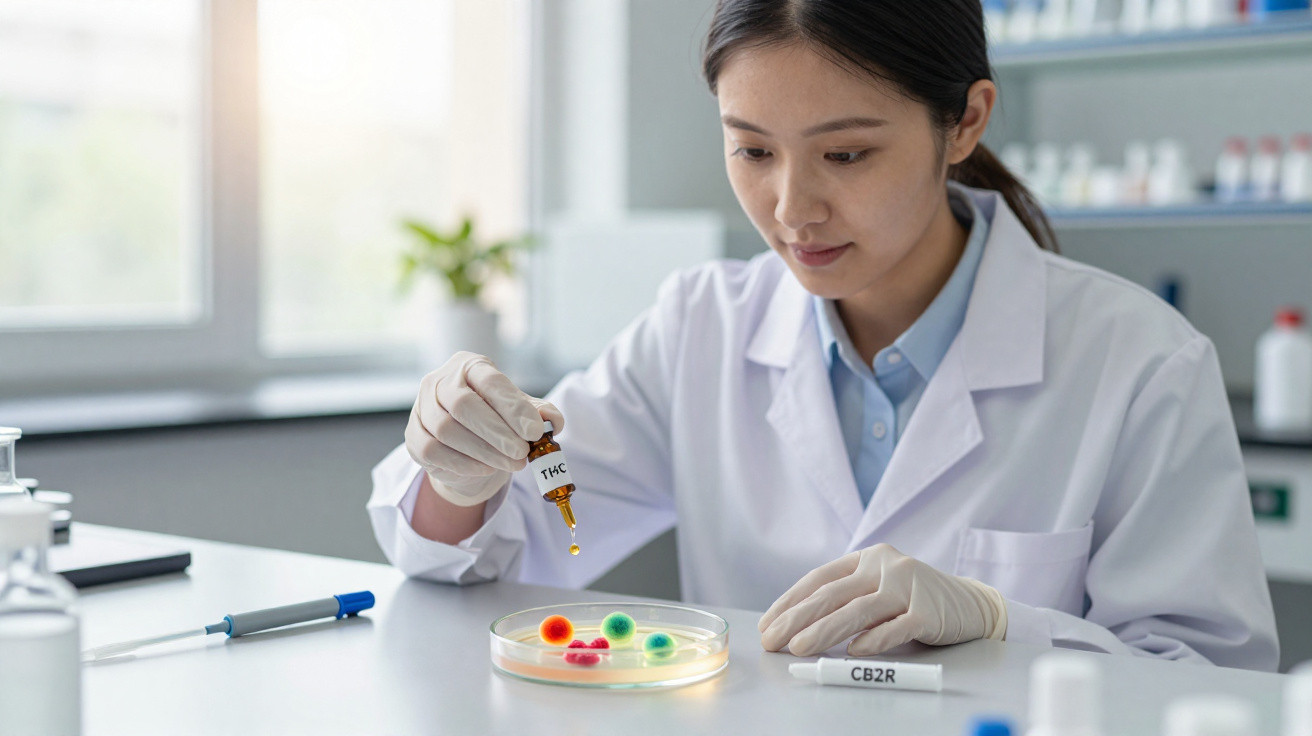 Female scientist drops liquid from a THC bottle into a petri dish with coloured samples in a laboratory.
