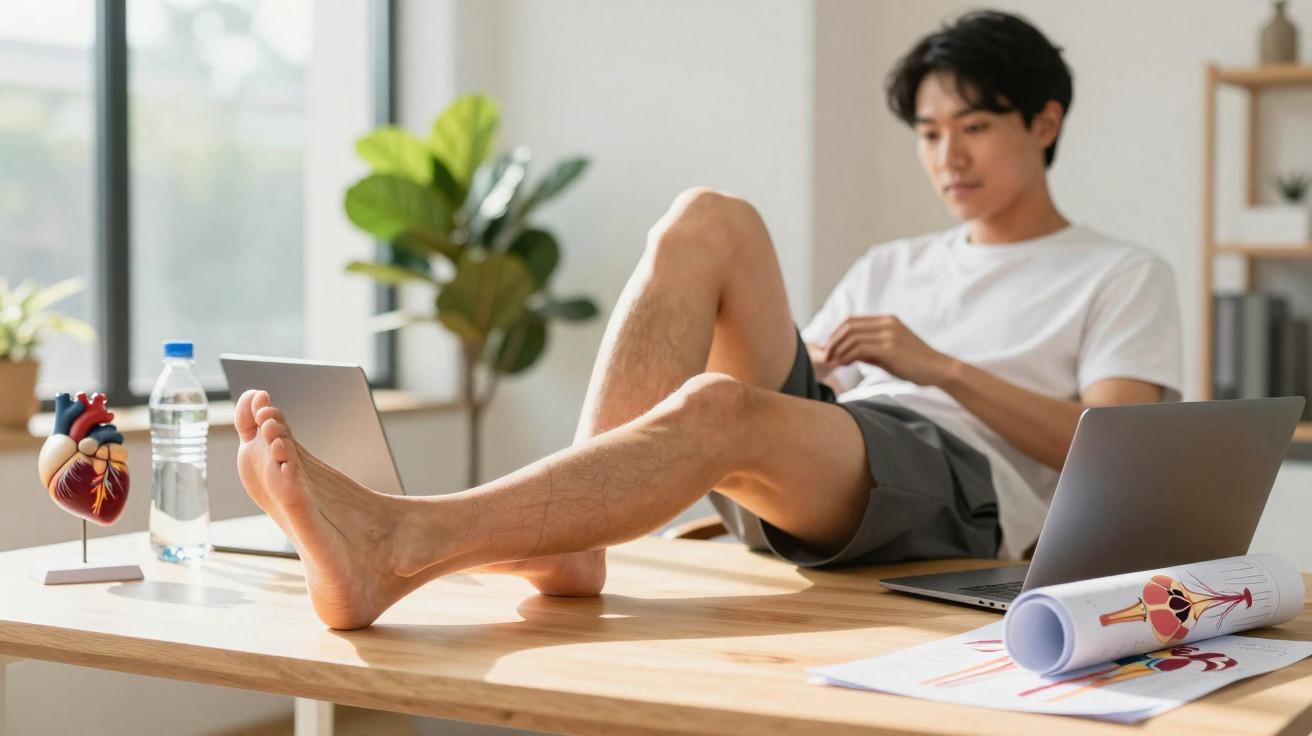 Young man sitting at a desk with bare feet on the table, surrounded by medical heart models and a laptop.