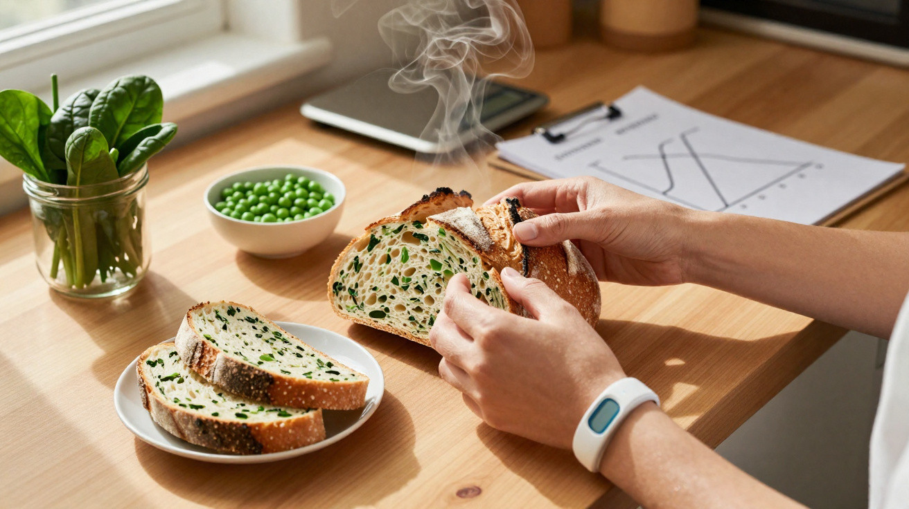Hands breaking steaming fresh bread with green herbs on a wooden table near spinach and peas.