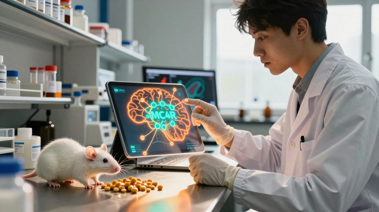 Scientist wearing gloves studying brain data on a tablet while a white rat observes nearby pills.