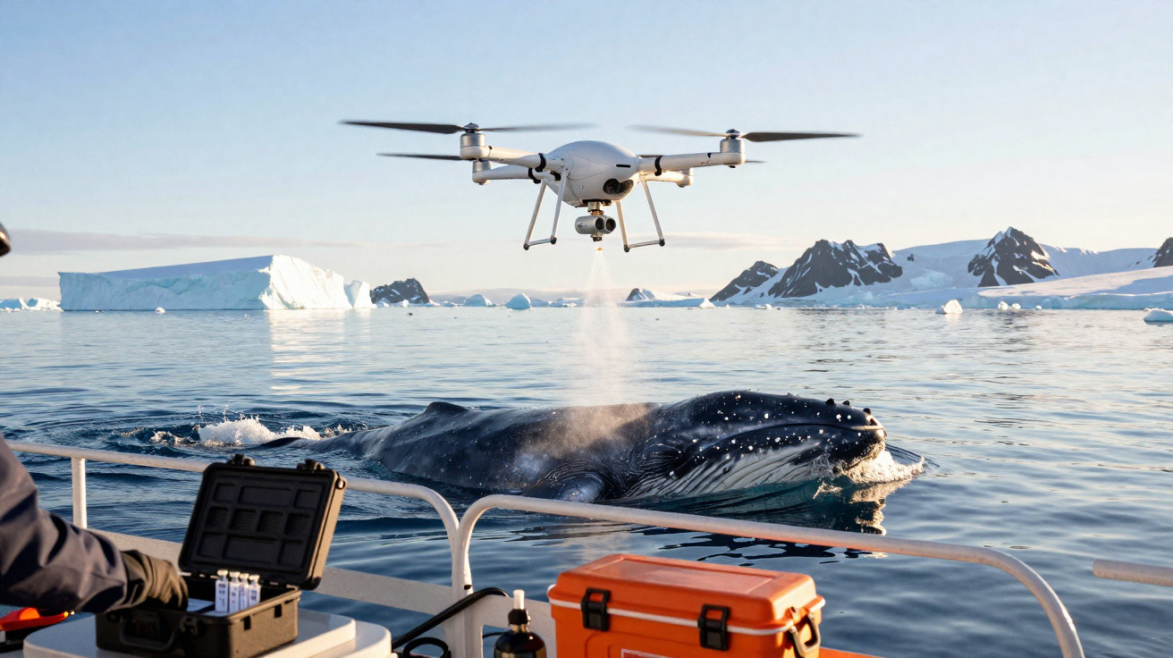 Drone flying over a whale surfacing near a research boat in icy polar waters with snow-covered mountains.