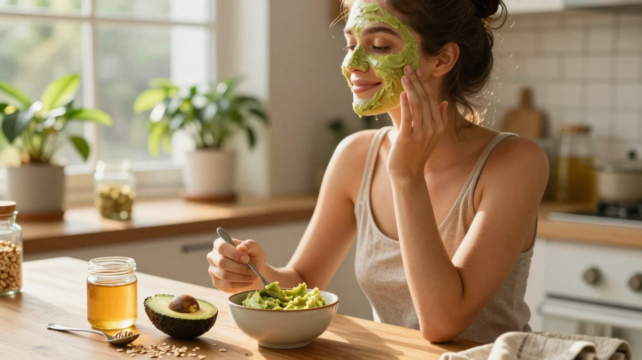 Young woman with an avocado face mask smiling while preparing avocado mash in a bright kitchen.