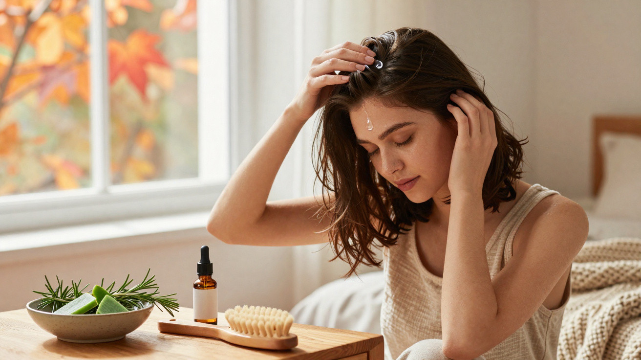 Young woman applying facial serum in bright bedroom with skincare items on wooden table beside window.