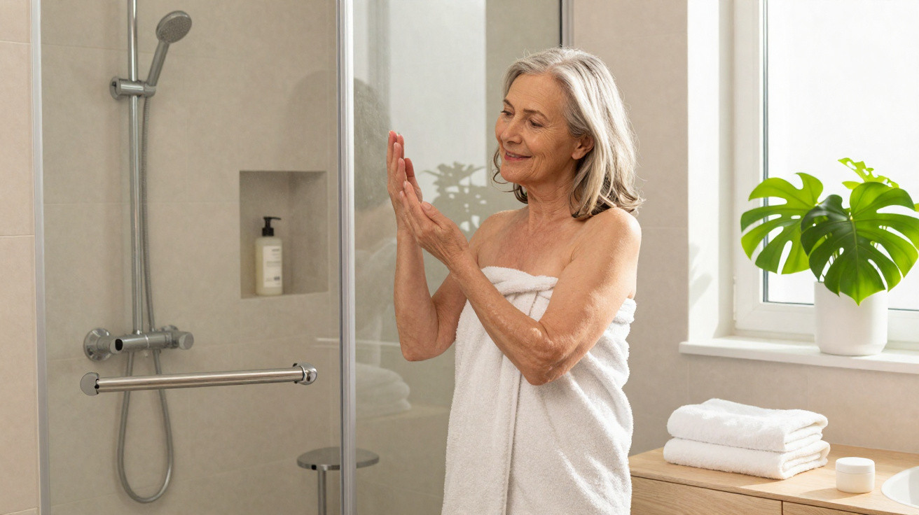 Older woman wrapped in towel applying lotion in bathroom near shower and potted plant on windowsill