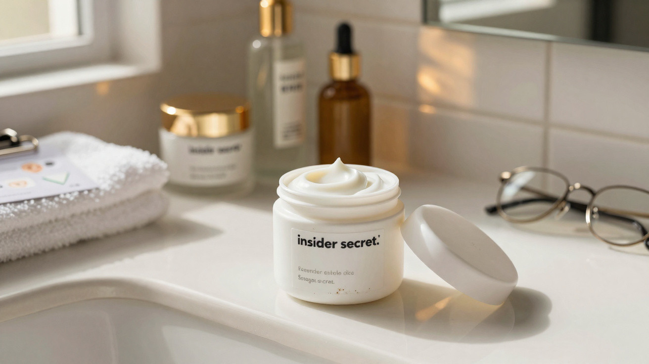Open white jar of insider secret skincare cream on bathroom counter with towel, bottles, and glasses nearby