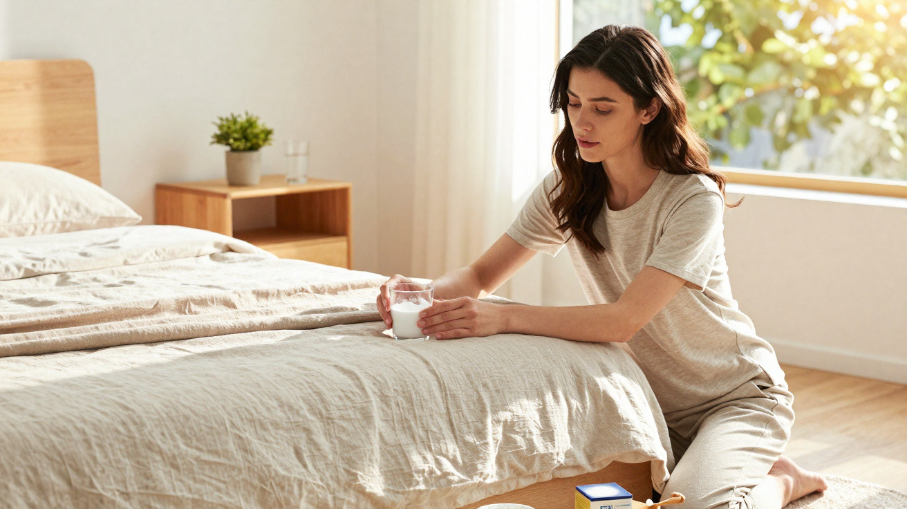 Young woman kneeling by bed in bright bedroom holding a glass of milk with medicine on the floor nearby.