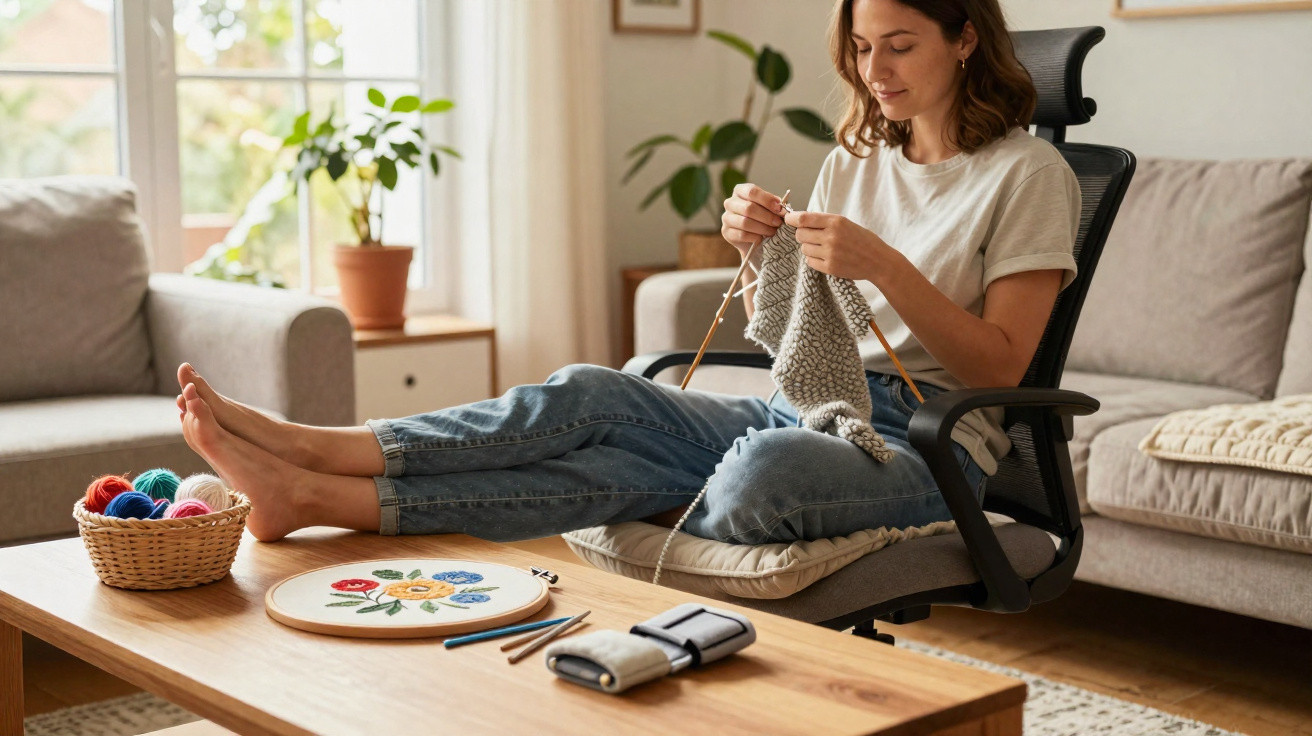Woman sitting on an office chair with feet on a table, knitting a grey scarf in a cosy living room.