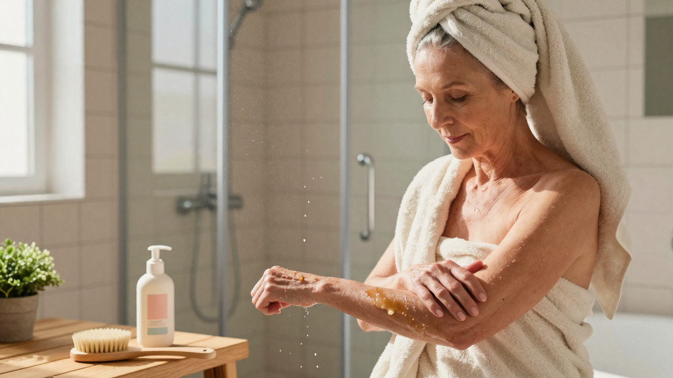 Older woman in towel applying body lotion in a bright bathroom with a towel wrapped around her head.