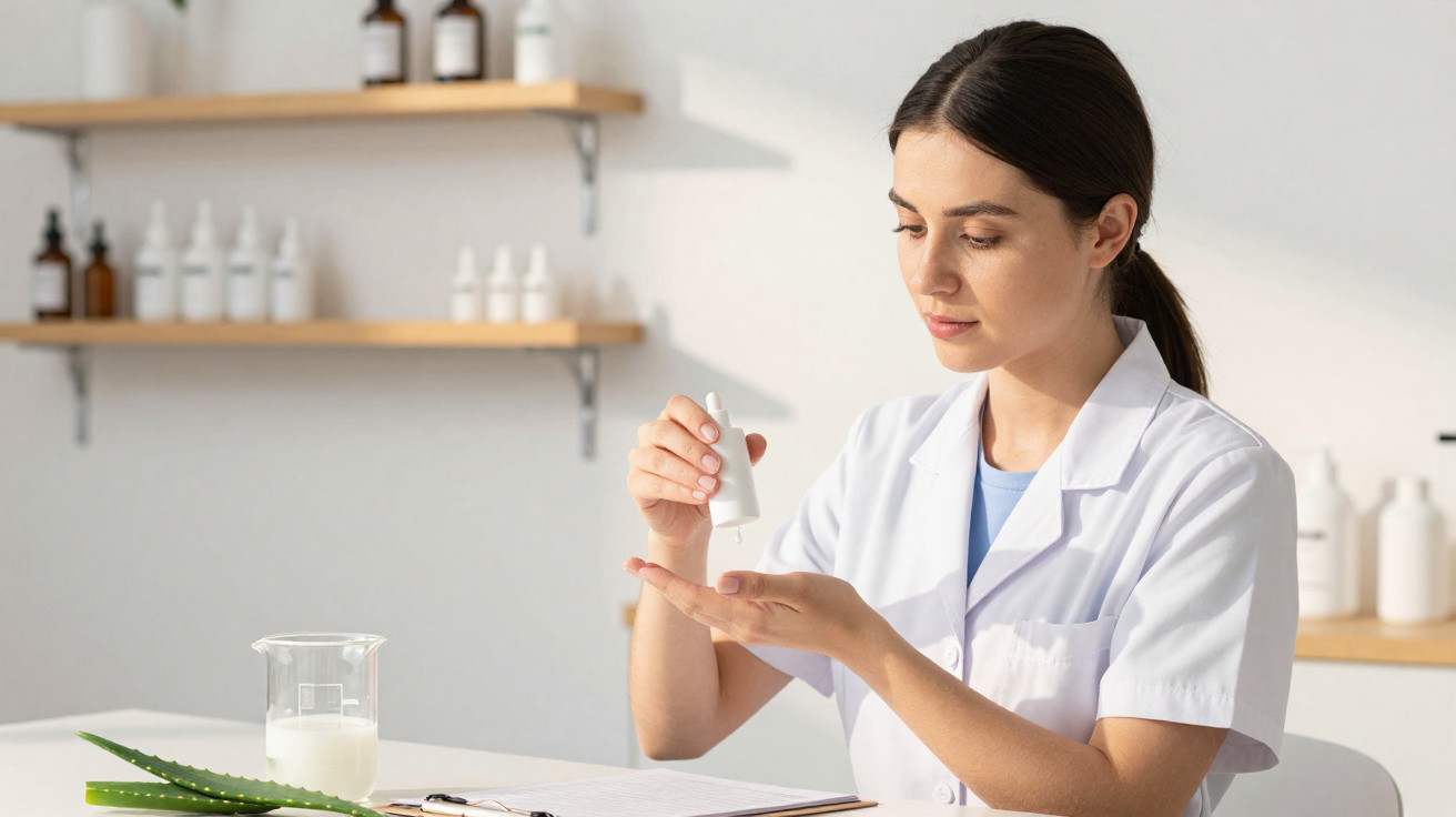 Woman in lab coat dispensing liquid from dropper bottle onto her hand in a bright skincare lab setting