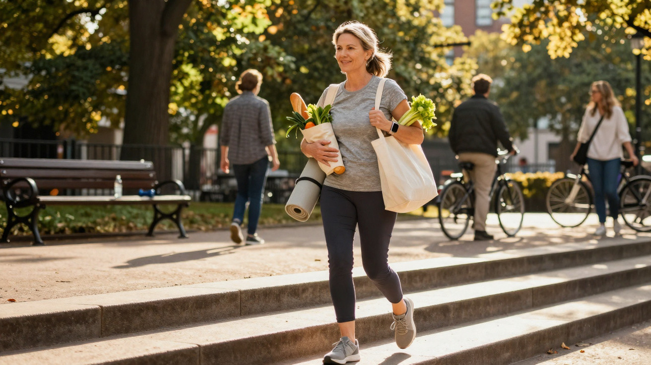 Woman carrying groceries and a yoga mat walking down steps in a sunny park with people in the background.